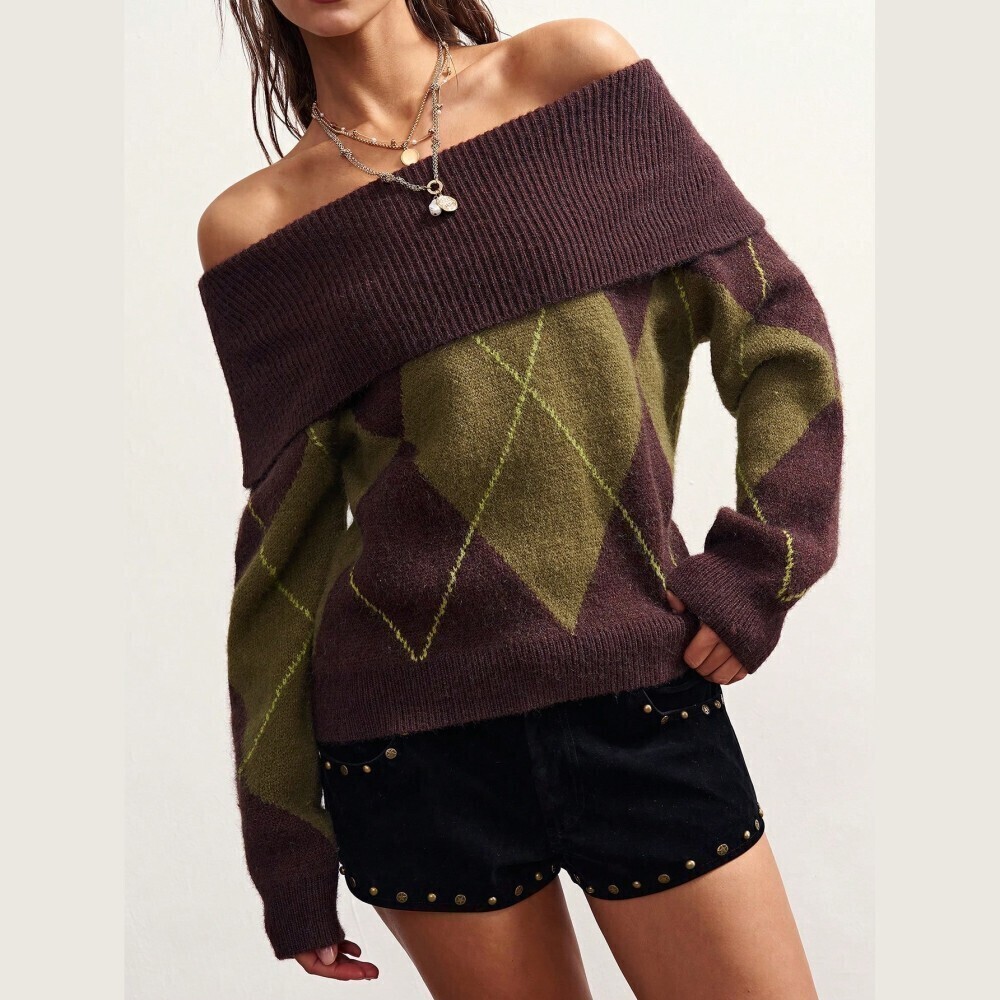Red-Brown Argyle Off Shoulder Oversized Knit Sweater